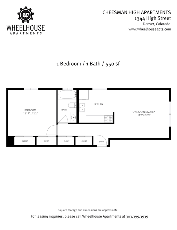 A floor plan for a 1 bedroom, 1 bath apartment at Cheesman High Apartments.