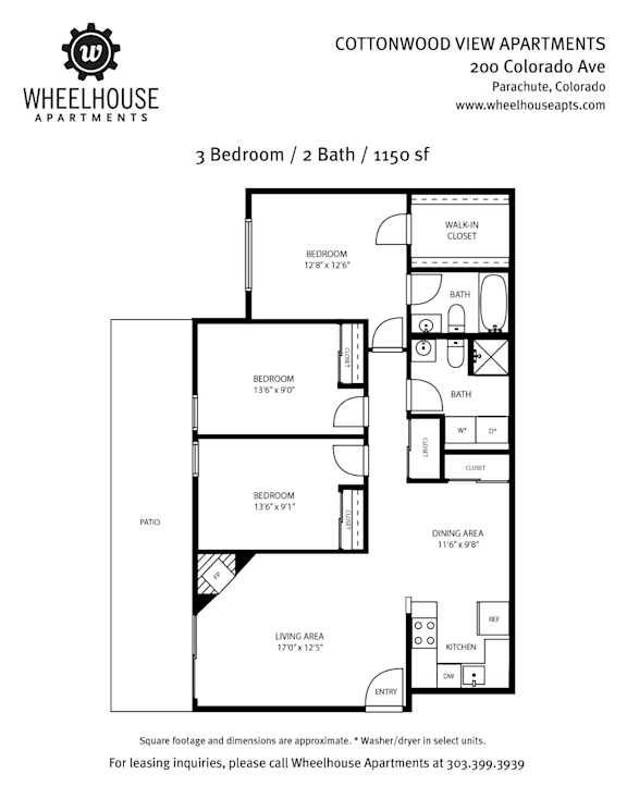 A floor plan for a three bedroom, two bathroom apartment at Wheelhouse Apartments.