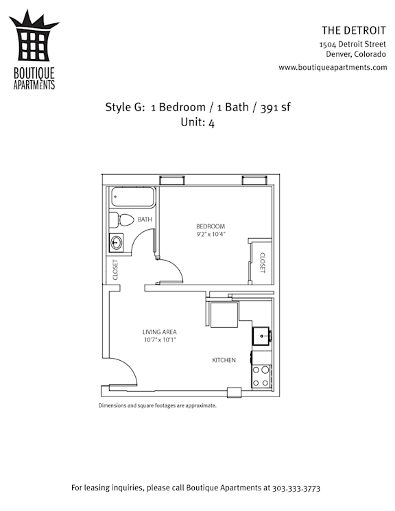 A floor plan for a 1 Bedroom/1 Bath apartment at Boutique Apartments.