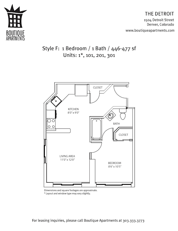 A floor plan for a 1 Bedroom/1 Bath apartment.