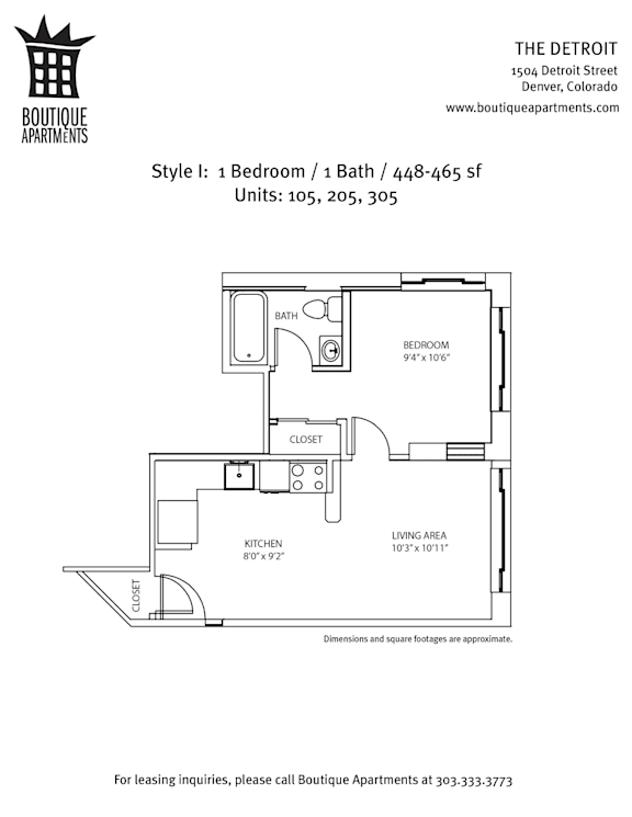 A floor plan for a 1 Bedroom / 1 Bath apartment at Boutique Apartments.