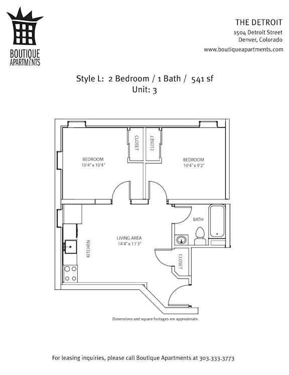 A floor plan for a 2 Bedroom / 1 Bath apartment at The Detroit Apartments.