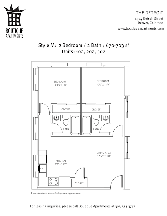 A floor plan for a 2 Bedroom / 2 Bath apartment at The Detroit Apartments.
