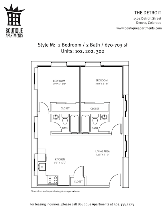 A floor plan for a 2 Bedroom/2 Bath apartment at The Detroit Apartments.