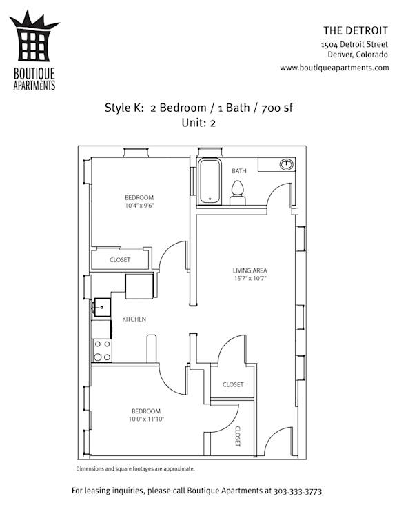 A floor plan for a 2 bedroom, 1 bath apartment with a living area of 137 x 107.