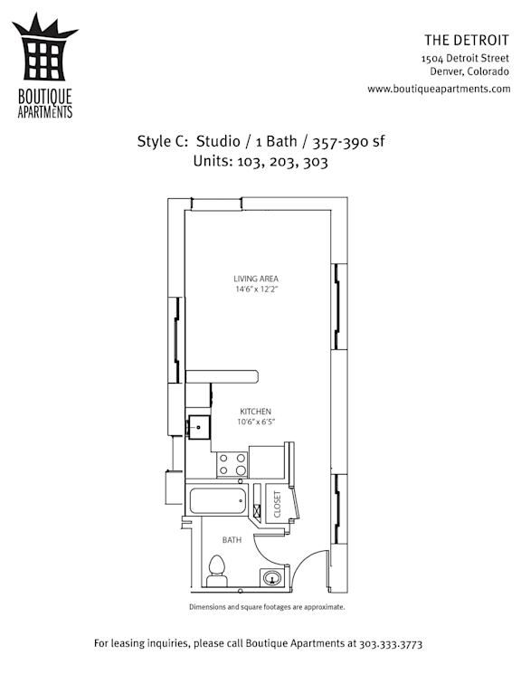 A drawing of an apartment layout for a studio apartment.