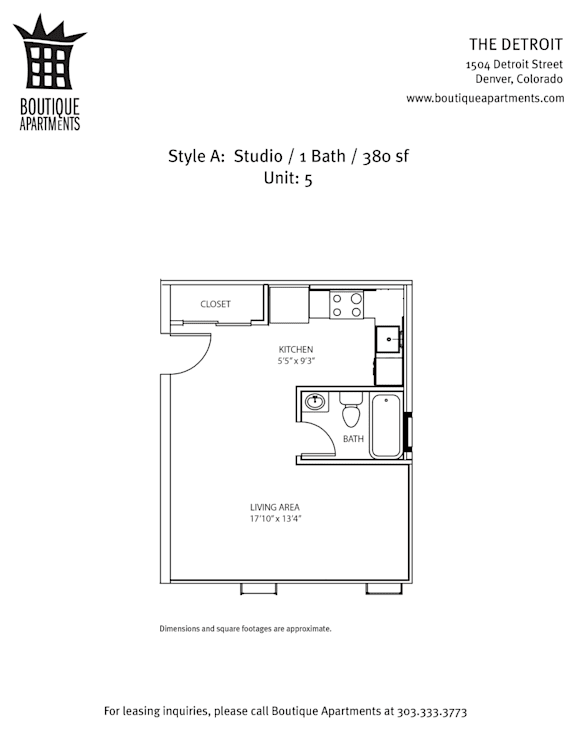 A floor plan for a studio apartment with a kitchenette and bath.