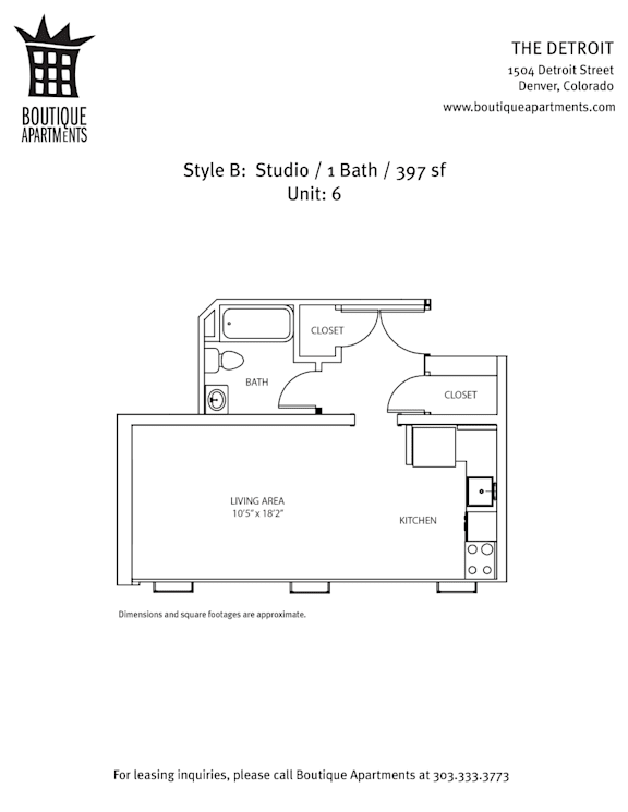 A floor plan for a studio apartment with a bathroom and kitchen.