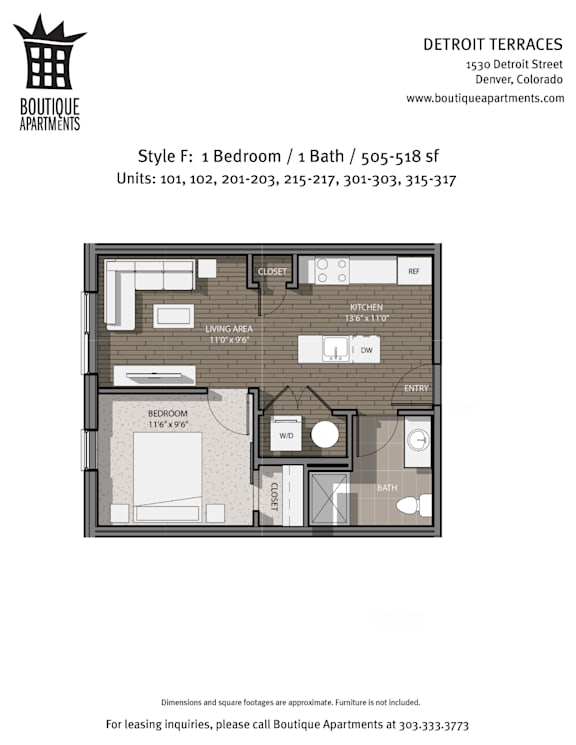 A floor plan for a 1 Bedroom/1 Bath apartment at Detroit Terraces.