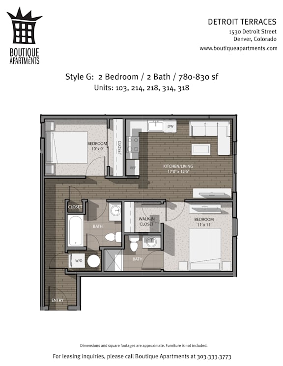 A floor plan for a 2 Bedroom / 2 Bath apartment at Detroit Terraces.