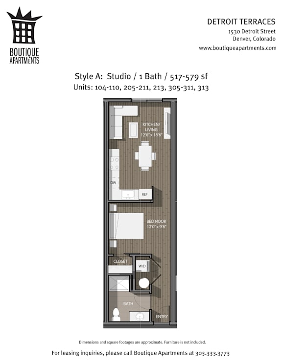 A floor plan for a studio apartment with a kitchen, bath, and living room.