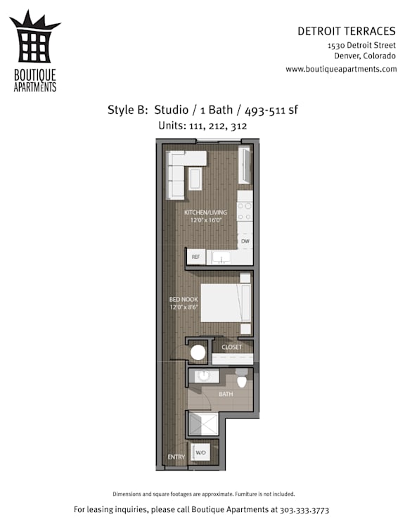 A floor plan for a studio apartment with a bath is shown.