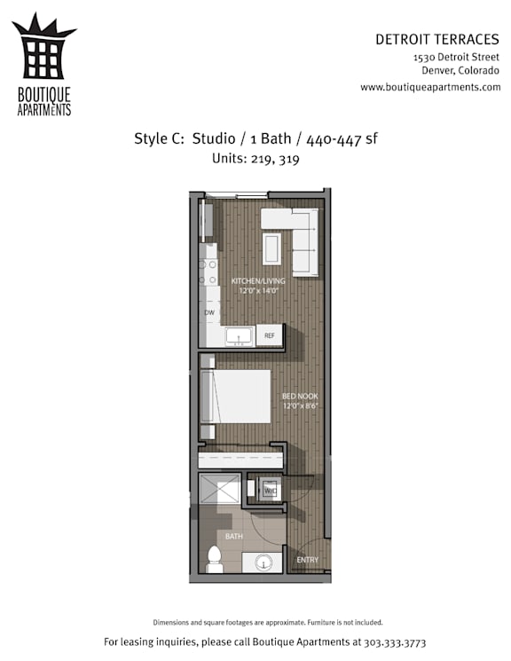 A drawing of an apartment layout for a studio/bath with a kitchenette.