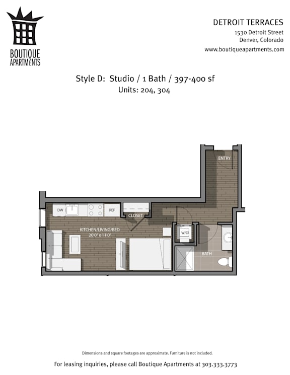 A floor plan for a studio apartment with a kitchen, living room, and bathroom.