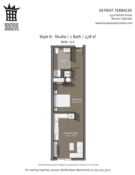 A floor plan for a studio apartment with a bathroom and kitchenette.