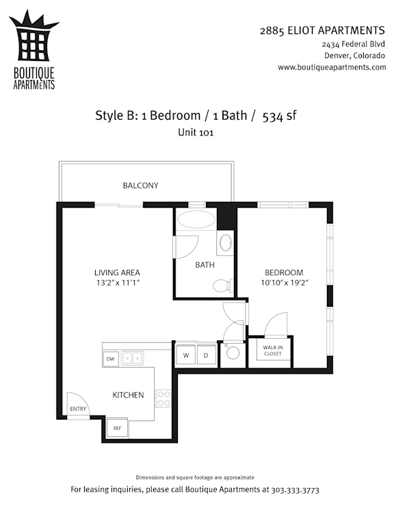 A floor plan for a 534 square foot apartment with one bedroom and one bath.