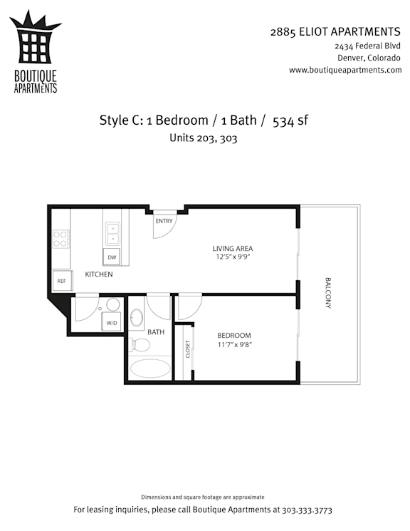 A floor plan for a 1 bedroom apartment with a living area, kitchen, and bathroom.
