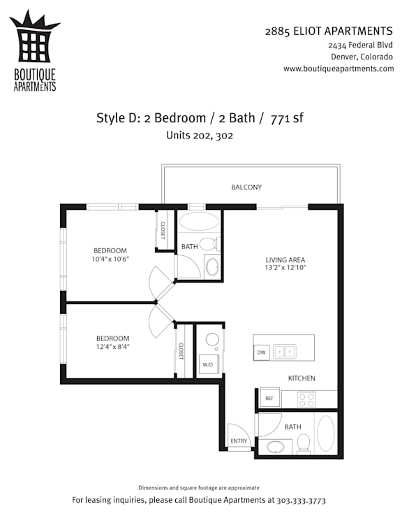 A floor plan for a 2 bedroom, 2 bath apartment at 2885 Eliot Apartments.