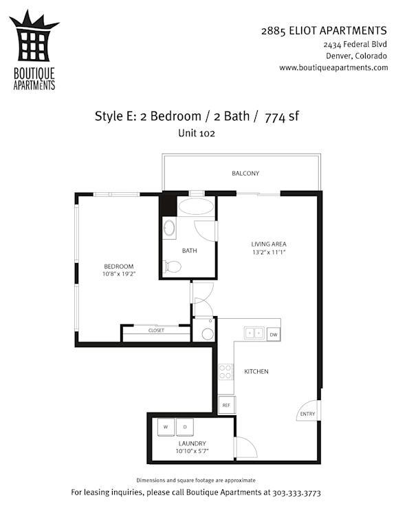A floor plan for a 2 bedroom, 2 bath apartment at 2885 Eliot Apartments.