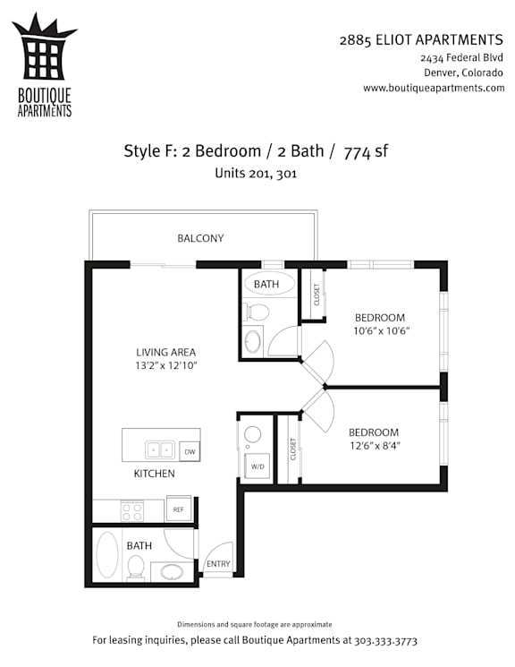 A floor plan for a 2 bedroom, 2 bath apartment at 2885 Eliot Apartments.