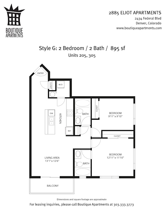 A floor plan for a 2 Bedroom/2 Bath apartment at 2885 Eliot Apartments.