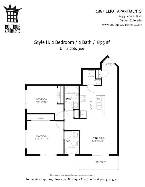A floor plan for a 2 Bedroom, 2 Bathroom apartment at 2885 Eliot Apartments.
