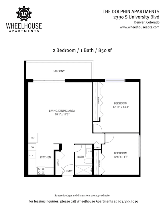 A floor plan for a 2 bedroom, 1 bath apartment at The Dolphin Apartments.