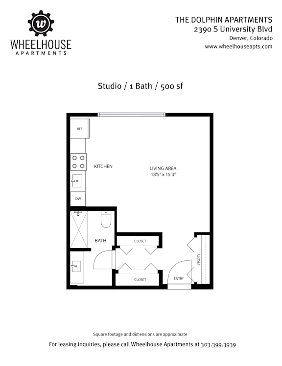 A floor plan for a studio apartment at The Dolphin Apartments.