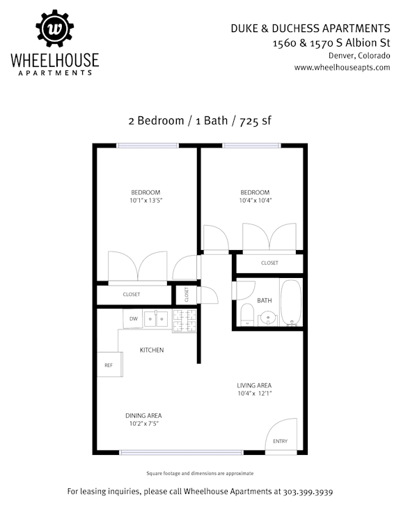 A floor plan for a 2 Bedroom / 1 Bath apartment at Duke & Duchess Apartments.