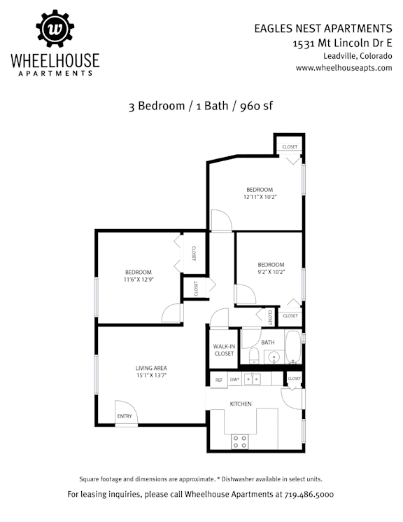 Floor plan for a 3 bedroom, 1 bath apartment at Eagles Nest Apartments.