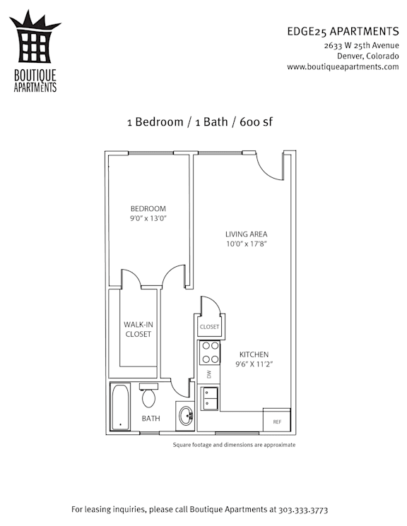 A floor plan for a 1 bedroom, 1 bath apartment with a kitchen.