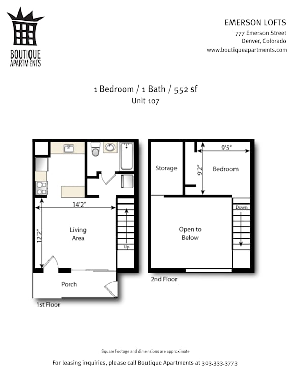A floor plan for a 1 Bedroom / 1 Bath / 552 sf unit at Emerson Lofts.