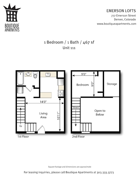 A floor plan for a 1 bedroom, 1 bath apartment at Emerson Lofts.