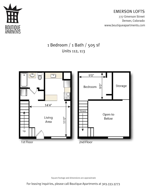 A floor plan for a 1 Bedroom / 1 Bath / 505 sf apartment.