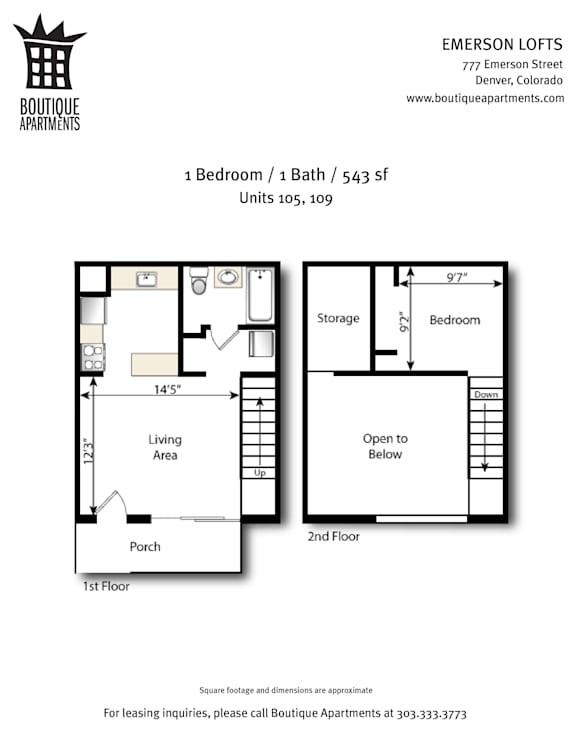 A floor plan for a 1 bedroom/1 bath apartment at Emerson Lofts.