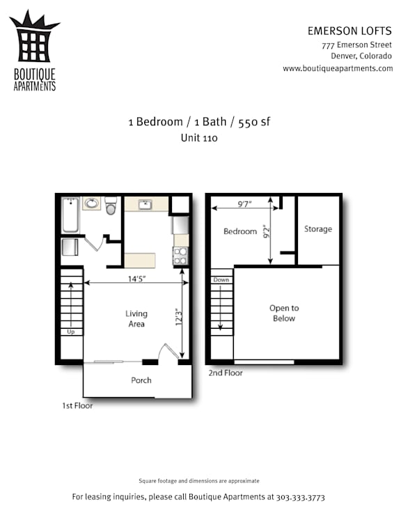 A floor plan for a 1 bedroom, 1 bathroom apartment of 550 square feet.