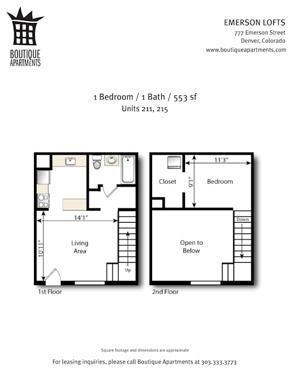 A floor plan for a 1 Bedroom/1 Bath apartment at Emerson Lofts.