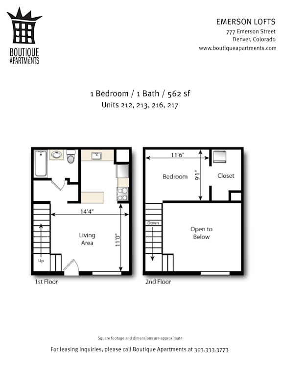 A floor plan for a 1 bedroom apartment at Emerson Lofts.