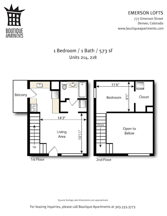 A floor plan for a 1 bedroom/1 bath unit at Emerson Lofts.