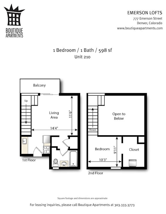 A floor plan for a 1 bedroom, 1 bath apartment at Emerson Lofts.
