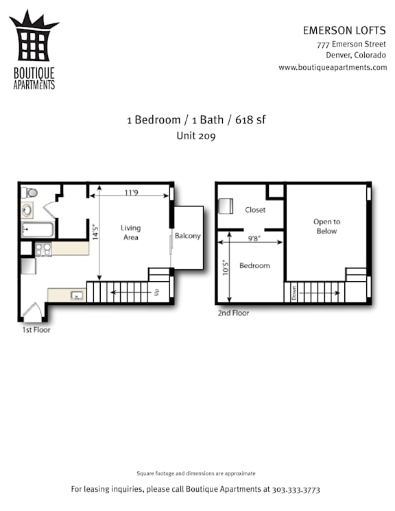 A floor plan for a 1 Bedroom / 1 Bath / 618 sf unit.