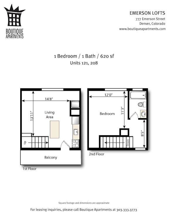 A floor plan for a 1 bedroom apartment at Emerson Lofts.