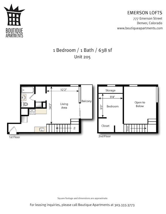 A floor plan for a 1 bedroom/bathroom apartment at Boutique Apartments.