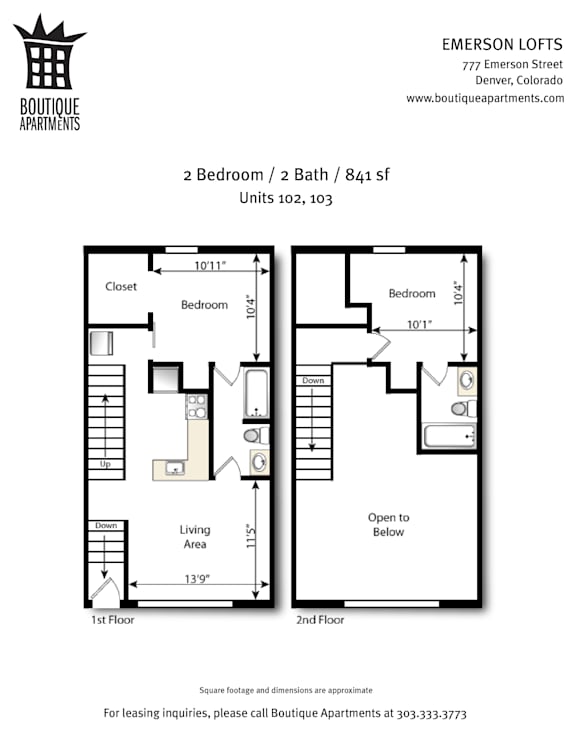A floor plan for a 2 bedroom/2 bath apartment at Emerson Lofts.