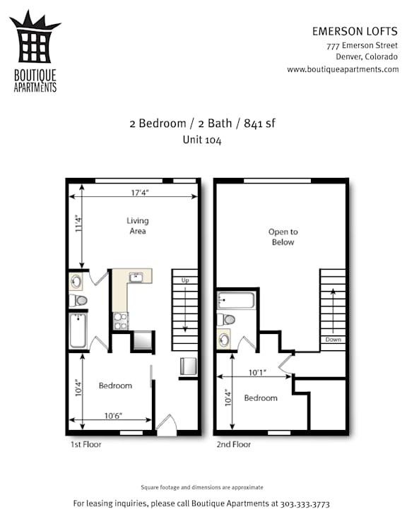 A floor plan for a 2 bedroom, 2 bath apartment at Emerson Lofts.