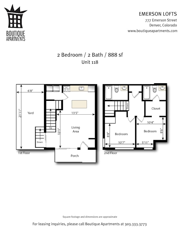 A floor plan for a 2 bedroom, 2 bath apartment at Emerson Lofts.