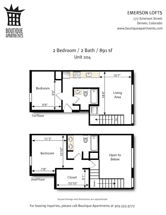 A floor plan for a 2 bedroom, 2 bath apartment at Emerson Lofts.