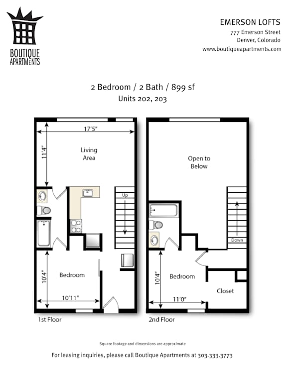 A floor plan for a 2 bedroom, 2 bath apartment at Emerson Lofts.
