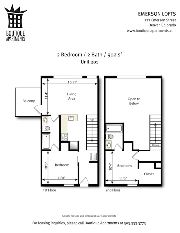 A floor plan for a 2 bedroom, 2 bath apartment with a living area.