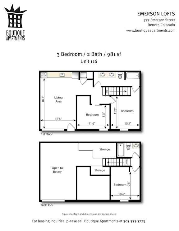 A floor plan for a 3 Bedroom / 2 Bath apartment at Emerson Lofts.